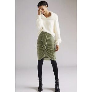 Mare Mare x Anthropologie Ruched Ruffled Mini Green Shimmer Skirt Size Large